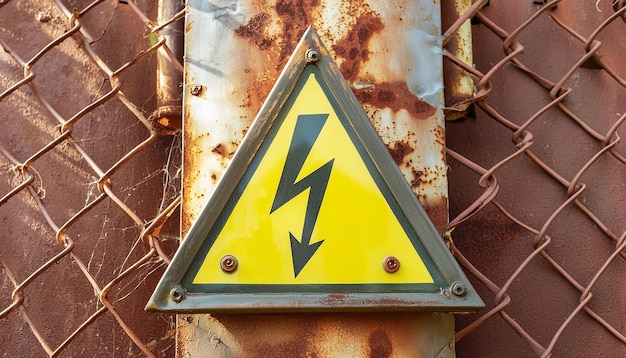 Фото Желтый треугольник предупреждения молнии знак на старой ржавой металлической стене высокого напряжения grunge текстуры
