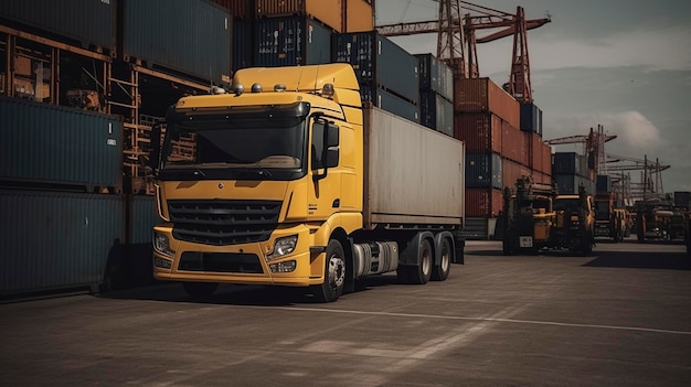 Желтый грузовик контейнер контейнеровоз автомобильные перевозки логистика груз
