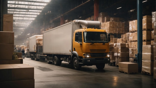 Yellow Truck Driving Through a Warehouse