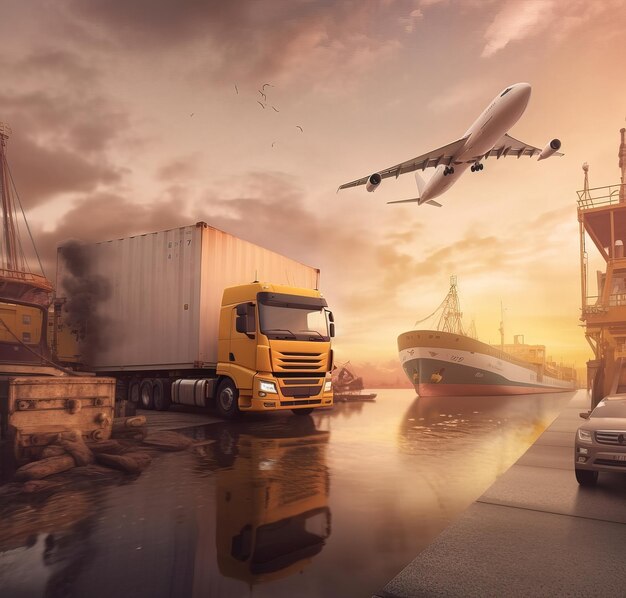 A yellow truck is in front of a large truck and a plane is flying over it.