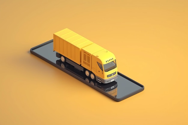 A yellow truck is on a phone screen and is on a yellow background.