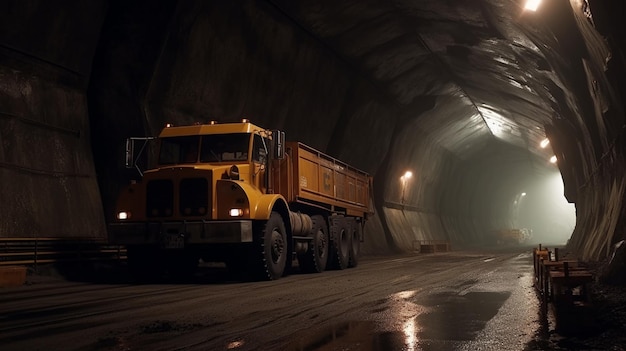 Photo a yellow truck is in a tunnel with the lights on.