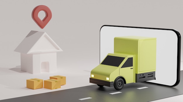 The yellow truck on the mobile phone screen, over white background order delivery