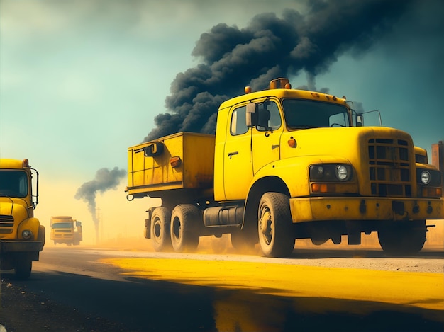 A yellow truck with a black smoke billowing from it's roof.