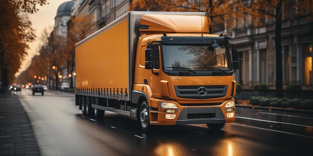 A yellow truck with the headlights on