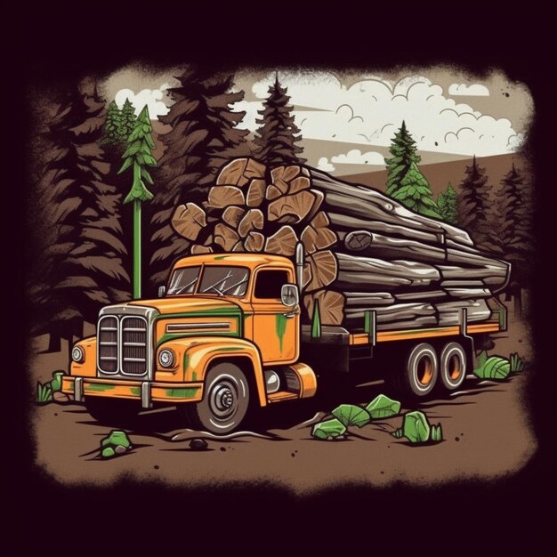 A yellow truck with a large load of logs on the back.