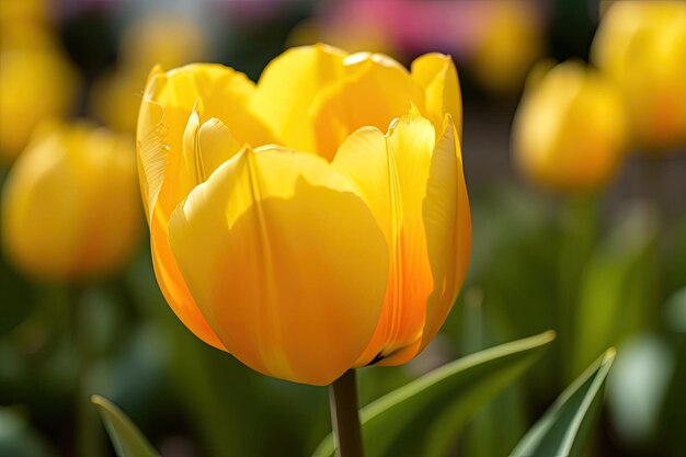 A yellow tulip in a field of flowers