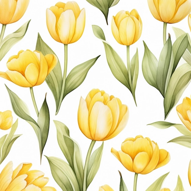 Yellow tulip flowers watercolor seamless patterns background