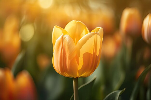 A yellow tulip in front of a background of orange flowers.