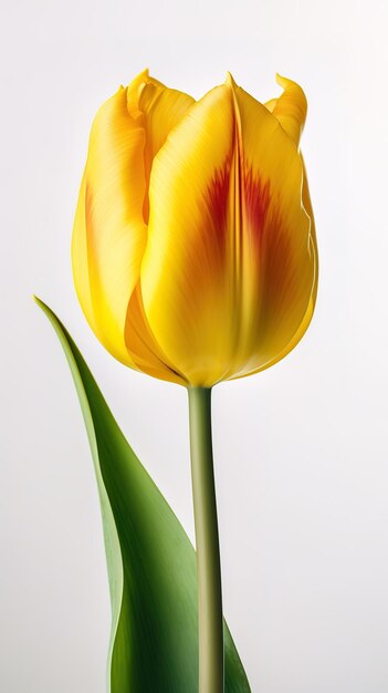 Photo a yellow tulip with red and yellow stripes on the bottom.