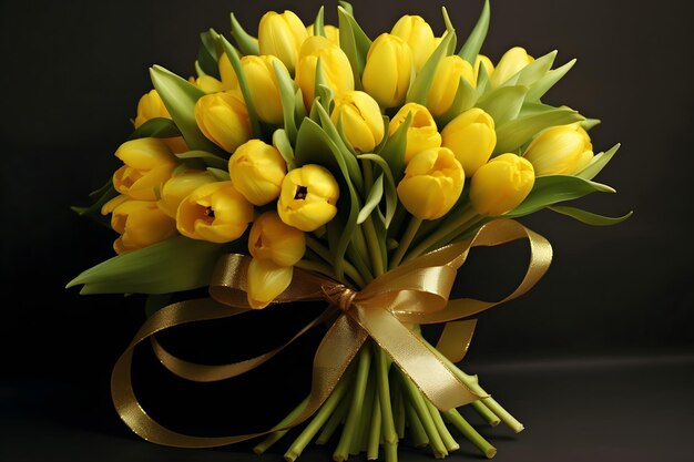 Yellow tulips bouquet on a black background