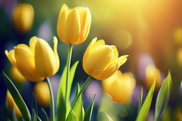 Yellow tulips closeup with blurred background 3d illustration Generative AI