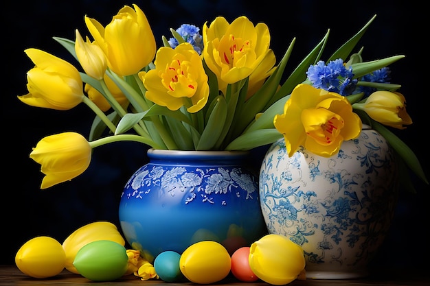 Yellow tulips and colored eggs