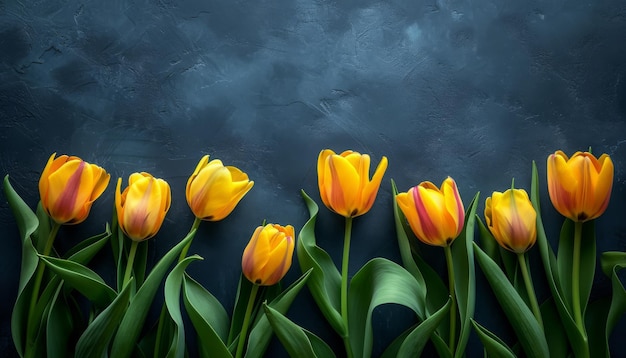 Yellow tulips on dark background Flat lay top view