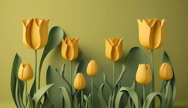 Yellow tulips in a field with a green background.