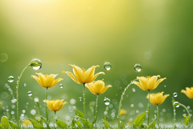 Yellow tulips glisten with dew on light green background Generative AI