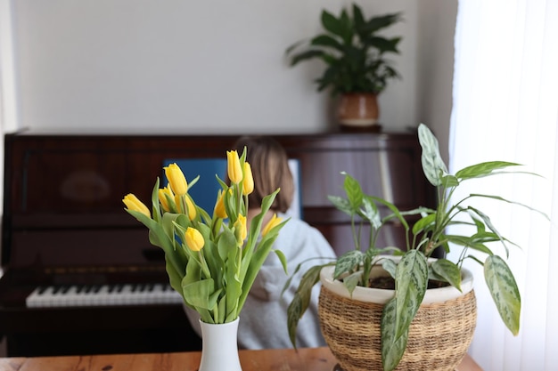 テーブルの上の黄色いチューリップと観葉植物