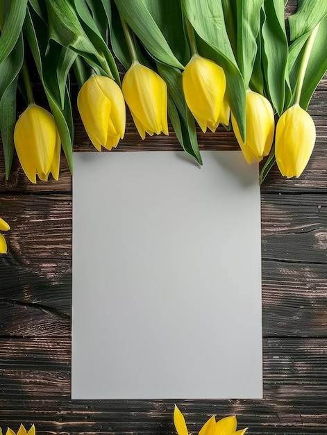 Yellow tulips radiate around a central blank canvas lying atop a wooden surface sprinkled with petals creating an inviting natural workspace