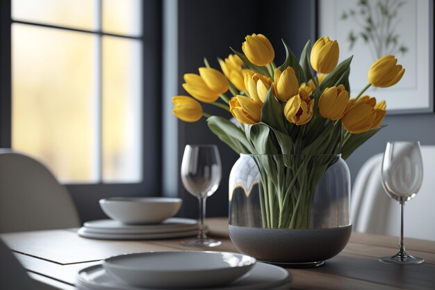 Foto tulipani gialli in un vaso in un'elegante sala da pranzo minimalista. cartolina, vacanza primaverile. umore