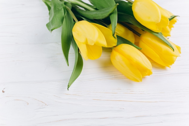 Yellow tulips on a white wooden background