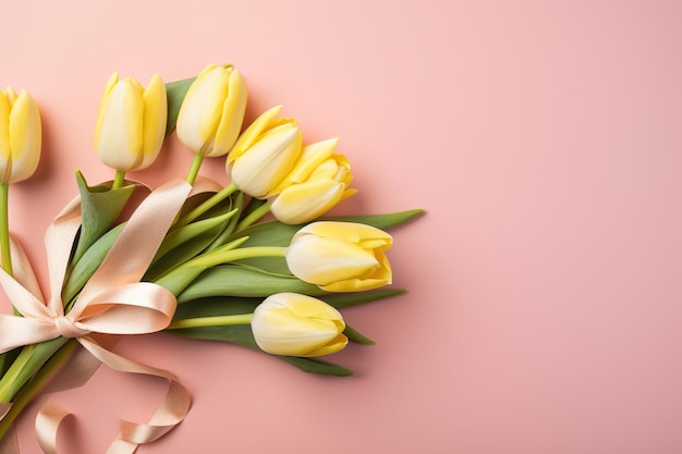 Желтые тюльпаны с лентой на розовом фоне.