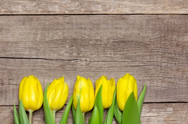 Yellow tulips on wood