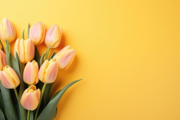 yellow tulips on a yellow background top view spring bouquet