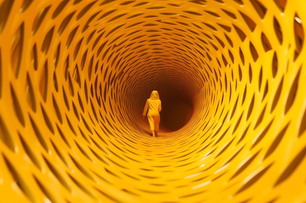 A yellow tunnel with a person walking through it