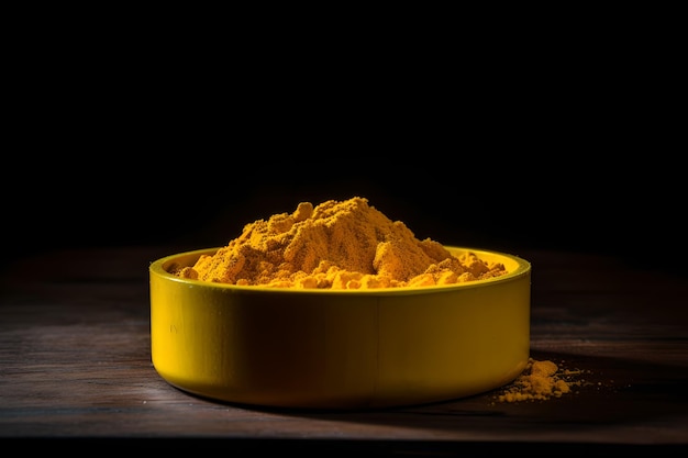 Yellow turmeric powder in a yellow bowl on a dark background