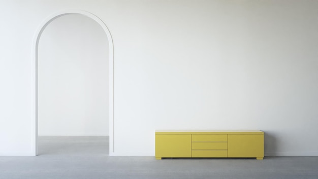 Yellow tv stand near white wall of bright living room and\
arched door in modern house or apartment