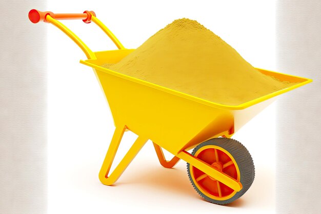 Foto twowheelbarrow giallo con sabbia isolata su sfondo bianco