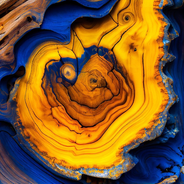 Yellow and ultramarine blue burl wood surface abstract background