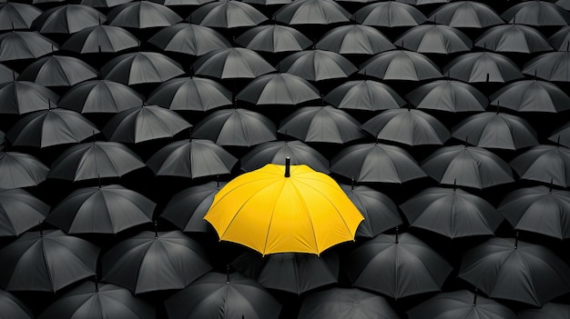 Yellow umbrella among black umbrellas