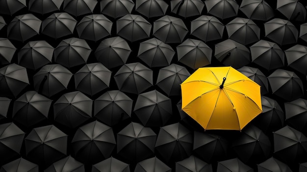 Yellow umbrella among black umbrellas