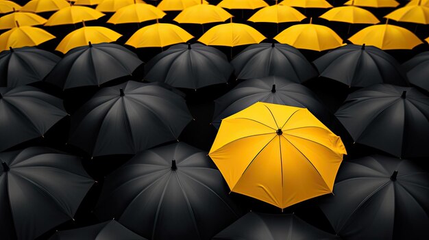 Yellow umbrella among black umbrellas