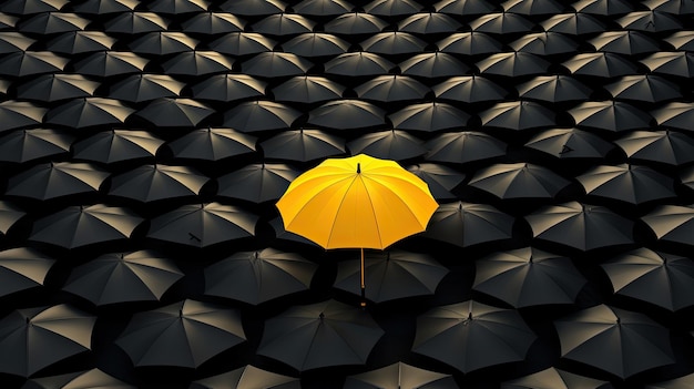 Yellow umbrella among black umbrellas