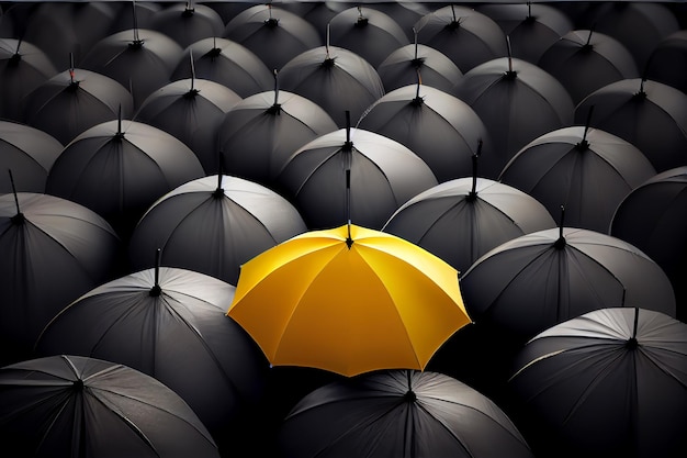Yellow umbrella in a crowd of black one Individuality concept Generative ai