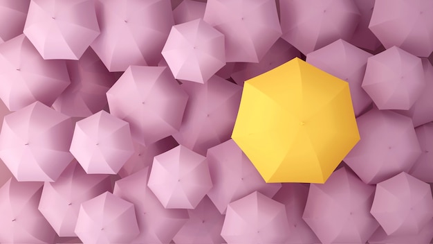 Yellow umbrella on the of many pink violet umbrellas. 3D Illustration.