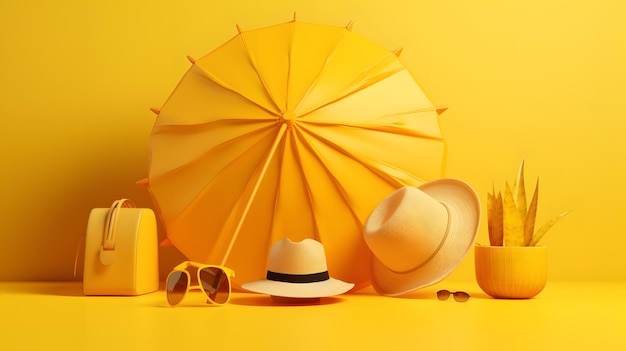 A yellow umbrella and sunglasses are on a yellow background