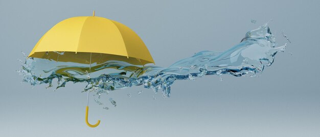 Foto ombrello giallo con spruzzi d'acqua concetto 3d stagione delle piogge per banner copertina biglietto di auguri brochure rendering 3d illustrazione