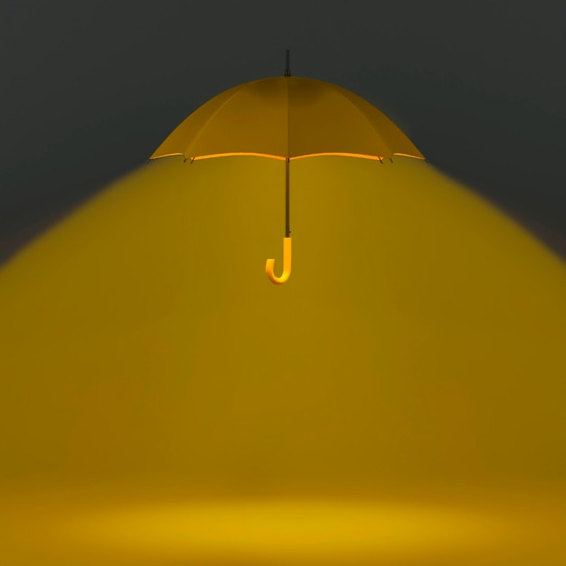 Ombrello giallo con retroilluminazione calda su sfondo grigio con spazio di copia rendering 3d autunnale creativo