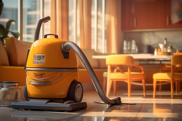 A yellow vacuum cleaner in a kitchen with a chair in the background