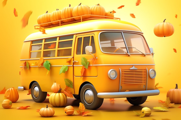 A yellow van with pumpkins on top