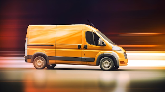 A yellow van with the word delivery on the side