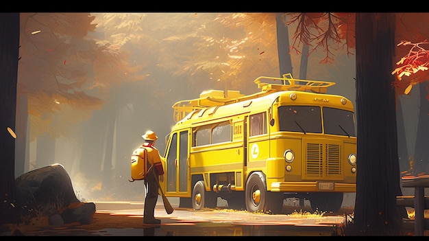 A yellow van in the woods