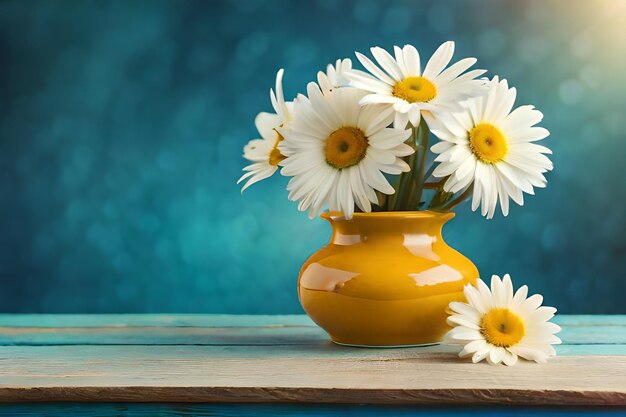 A yellow vase with daisies in it and the words