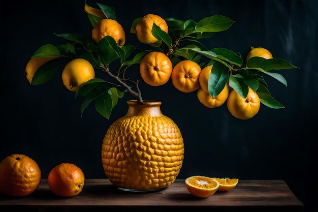 a yellow vase with oranges and lemons on it