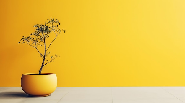 A yellow vase with a plant in it