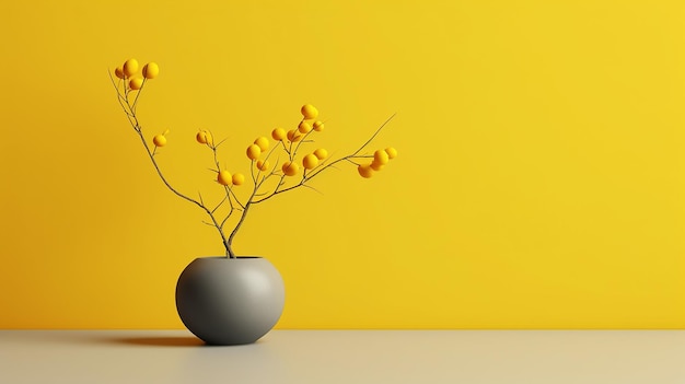 A yellow vase with a plant in it