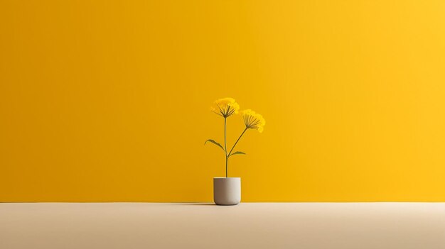 A yellow vase with two yellow flowers on a table